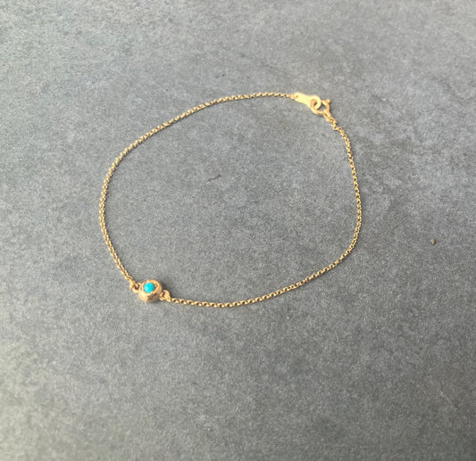 Turquoise Raw Gem / Birthstone Inside Flattened 10K Gold Ball Charm & 10k Gold Chain Bracelet For Women