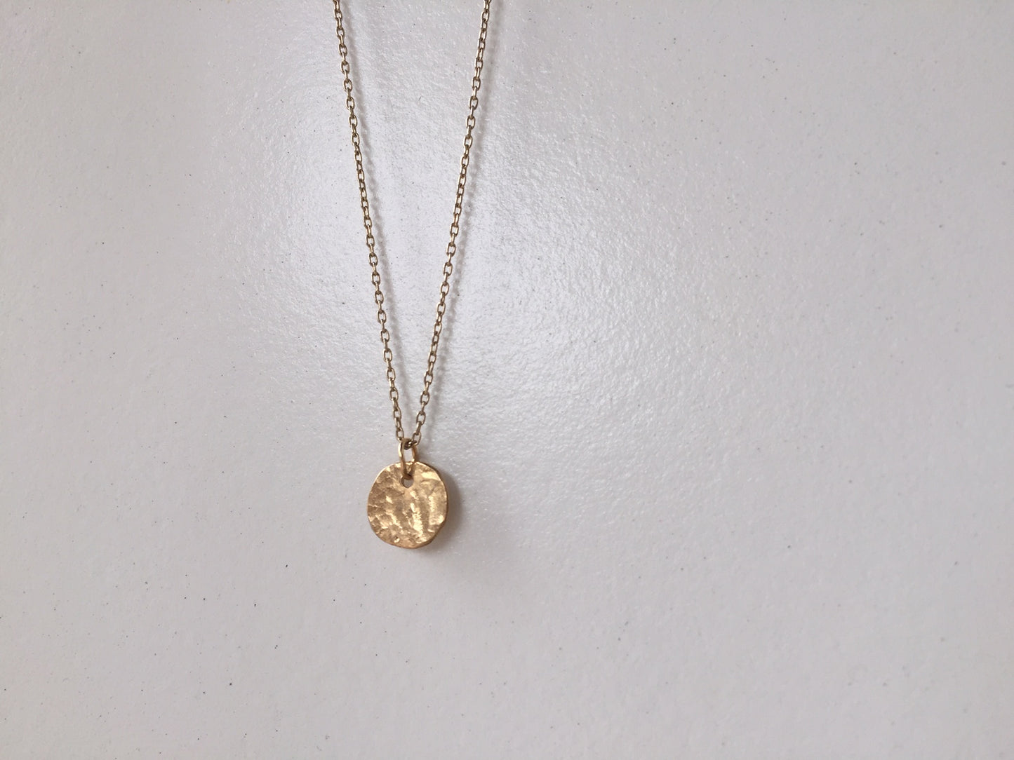 Hammered 18K Gold Tiny Disc / Round Charm & 10K Gold Chain Necklace For Women