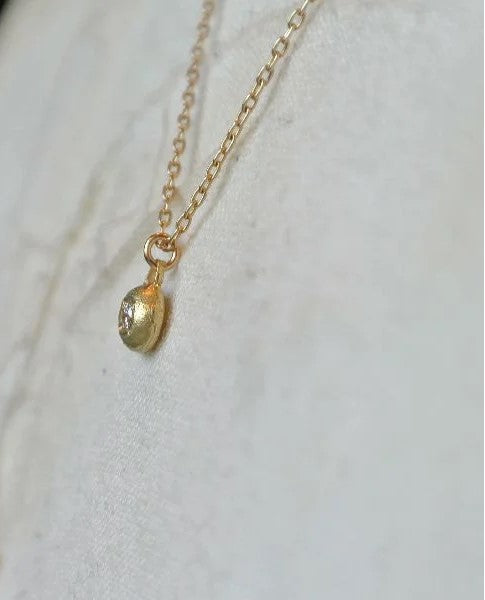 Diamond Inside Flattened 18K Gold Ball Charm & 10K Gold Chain Necklace For Women ひと粒 ダイヤ ゴールド チャーム ネックレス