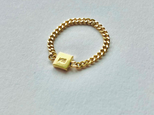 18K Gold Cube and Cuban Chain Pinky Ring For Women 喜平チェーン ゴールドリング ピンキーリング