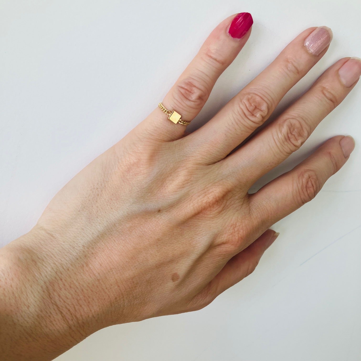 18K Gold Cube and Cuban Chain Pinky Ring For Women 喜平チェーン ゴールドリング ピンキーリング