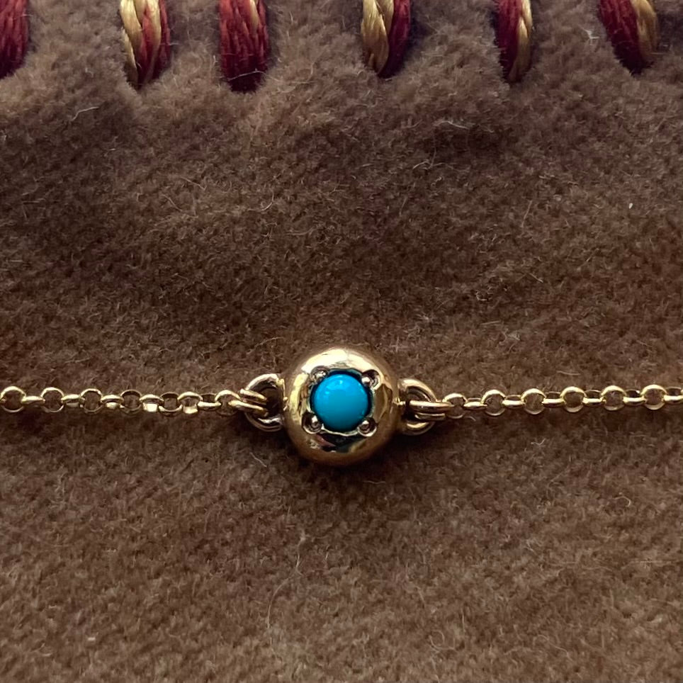 Turquoise Raw Gem / Birthstone Inside Flattened 10K Gold Ball Charm & Gold Chain Bracelet For Women ターコイズ お守りチャームブレスレット・天然石・誕生石ブレスレット