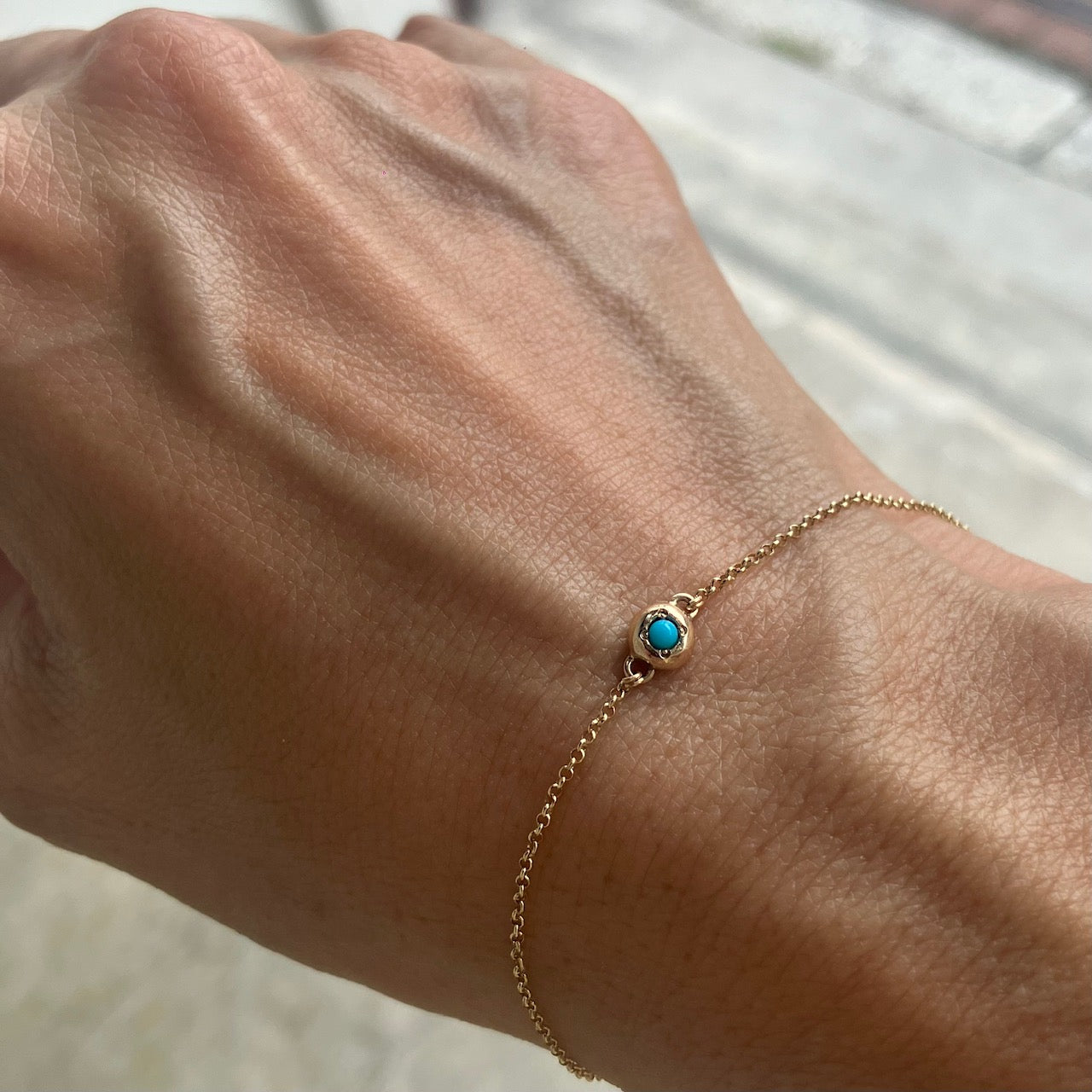 Turquoise Raw Gem / Birthstone Inside Flattened 10K Gold Ball Charm & Gold Chain Bracelet For Women ターコイズ お守りチャームブレスレット・天然石・誕生石ブレスレット