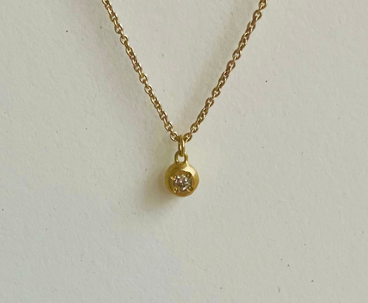 Diamond Inside Flattened 18K Gold Ball Charm & 10K Gold Chain Necklace For Women