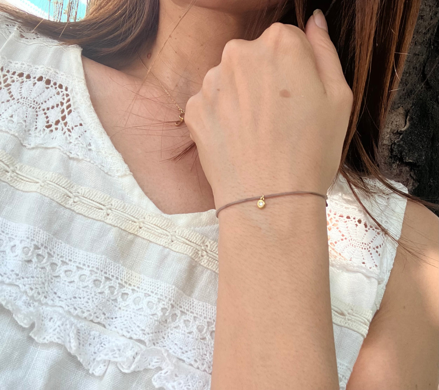 Diamond on Flattened Ball 10K / 18K Gold Charm & Adjustable Cord Bracelet For Women