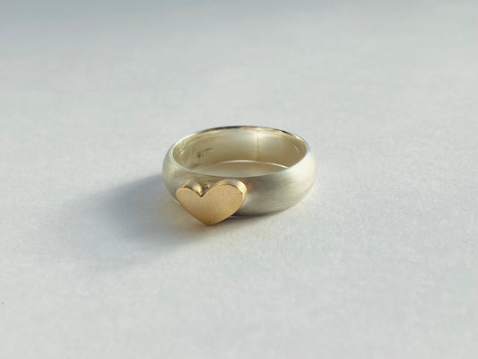 10K Gold Cubby / Thick Heart on Matte Finished Silver Ring / Band For Women