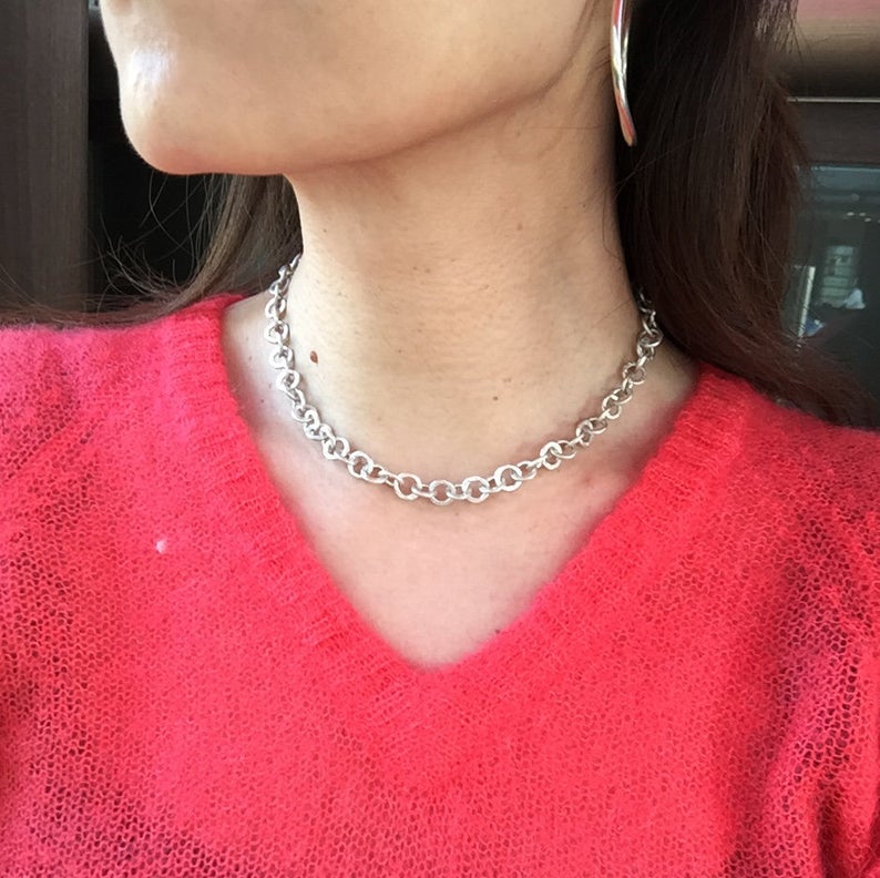 Sterling Silver925 O' Link Ring Hammered Circle Chain Necklace / Choker For Men &Women ユニセックス・艶消し・リンクチェーン・ネックレス・チョーカー・ハードウェア