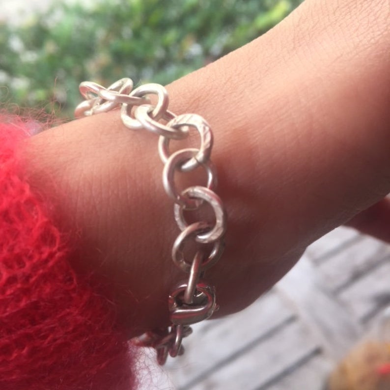 Sterling Silver O' Link Ring Hammered Circle Chain Bracelet / Cuff with Matte Finish For Men & Women ユニセックス・シルバー・チェーンブレスレット・チャンキー・ストリート・ハードウェア