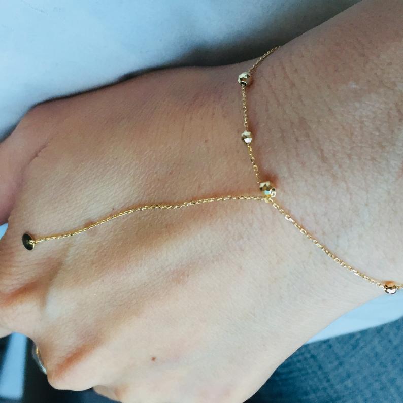 18K Gold Beads / Mirror Ball Adjustable Thin Chain Bracelet For Women  調節可能・ゴールドビーズブレスレット