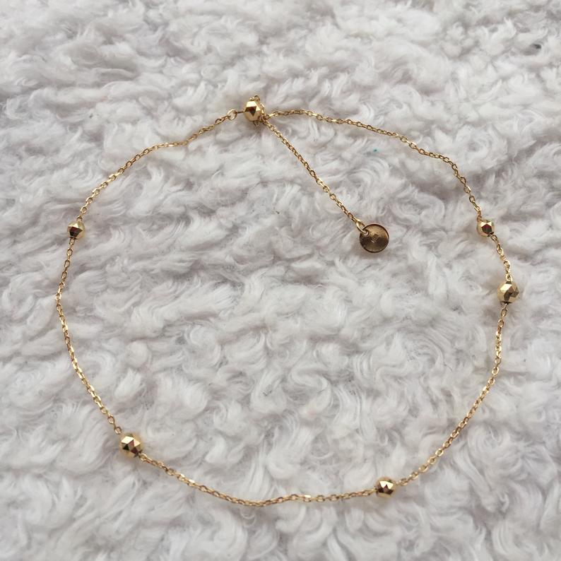 18K Gold Beads / Mirror Ball Adjustable Thin Chain Bracelet For Women 調節可能・K18ゴールドビーズ・粒・つぶ ブレスレット