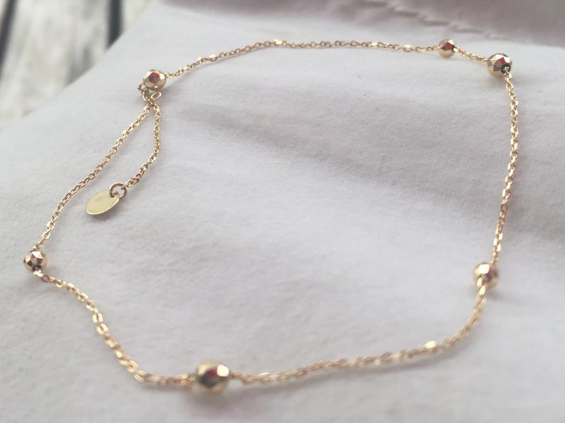 18K Gold Beads / Mirror Ball Adjustable Thin Chain Bracelet For Women  調節可能・ゴールドビーズブレスレット