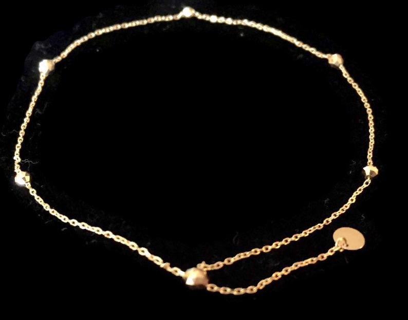 18K Gold Beads / Mirror Ball Adjustable Thin Chain Bracelet For Women 調節可能・K18ゴールドビーズ・粒・つぶ ブレスレット